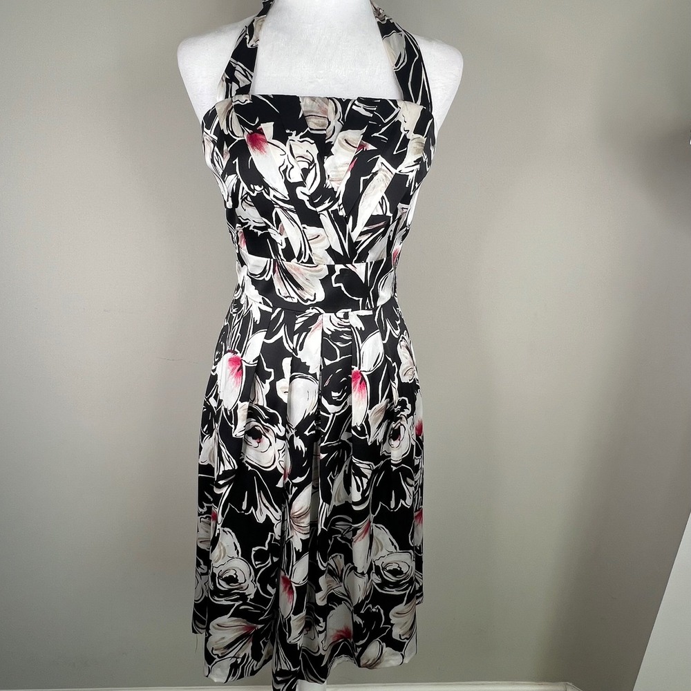 Silk Halter Cocktail Dress Sz 6 Floral Black White Pink Fit Flare Party Wedding